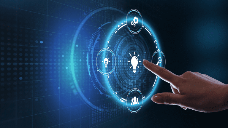 Mão apontando para interface digital com ícones de inovação e tecnologia, simbolizando o crescimento do investimento em tecnologia no Brasil acima da média mundial.