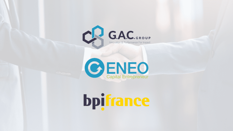 Logos da G.A.C. Group, ENEO Capital Entrepreneur e Bpifrance sobre fundo de aperto de mãos, simbolizando novos investidores e parcerias estratégicas.