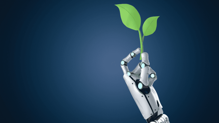 Braço robótico segurando muda verde, simbolizando tecnologias habilitadoras que unem inovação, sustentabilidade e transformação digital.