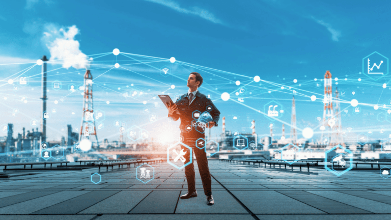 Executivo com tablet em ambiente industrial conectado por ícones digitais, representando investimentos do MCTI e EMBRAPII em projetos de inovação com a indústria