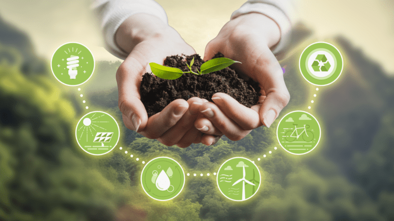 Mãos segurando muda de planta em solo, cercada por ícones de sustentabilidade, simbolizando investimentos da EMBRAPII para estimular a bioeconomia no Norte do Brasil.