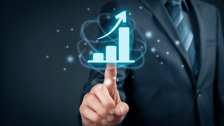 Executivo tocando holograma de gráfico em crescimento, simbolizando avanço do Brasil no ranking de competitividade, segundo a CNI.