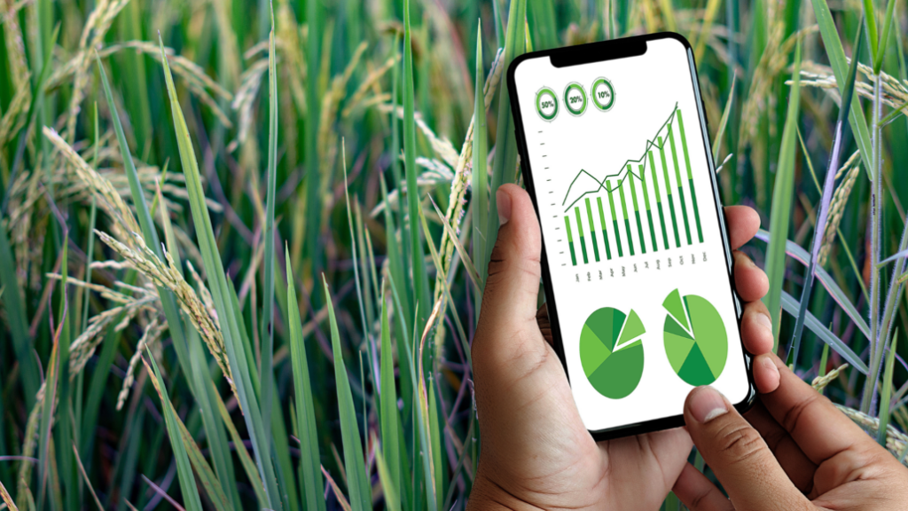 Mãos segurando smartphone com gráficos de desempenho sobre plantação, representando pesquisa da ABAG sobre inovação e competitividade no agronegócio