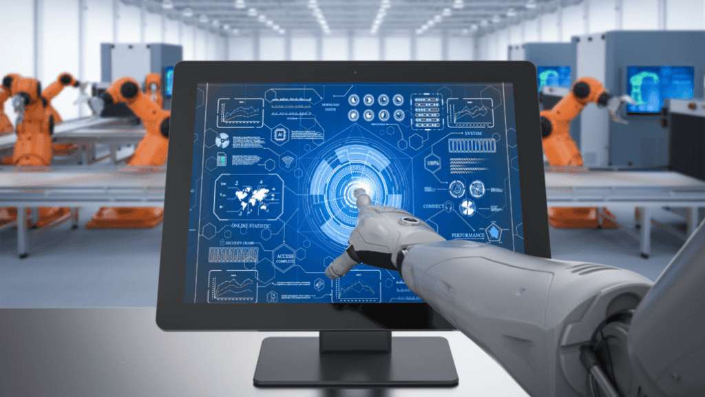Braço robótico operando tela de controle em fábrica com robôs industriais, representando a segunda chamada Smart Factory com R$ 7 milhões para empresas e startups.