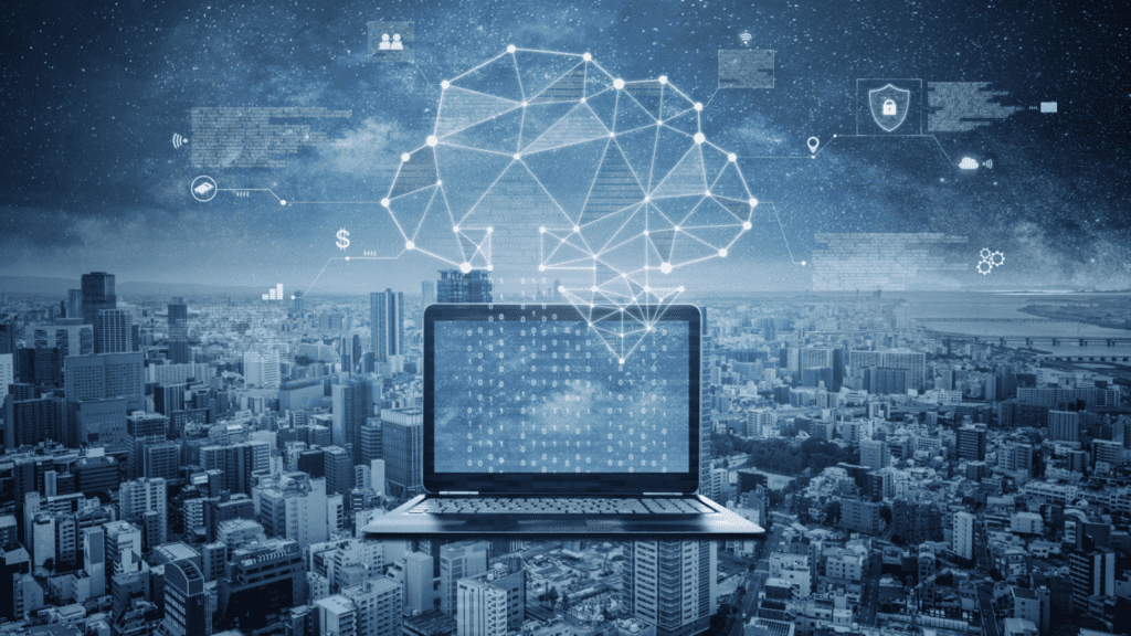 Notebook sobre a cidade com rede digital em forma de cérebro, simbolizando seleção de empresas para desenvolver novas tecnologias com alto potencial de mercado