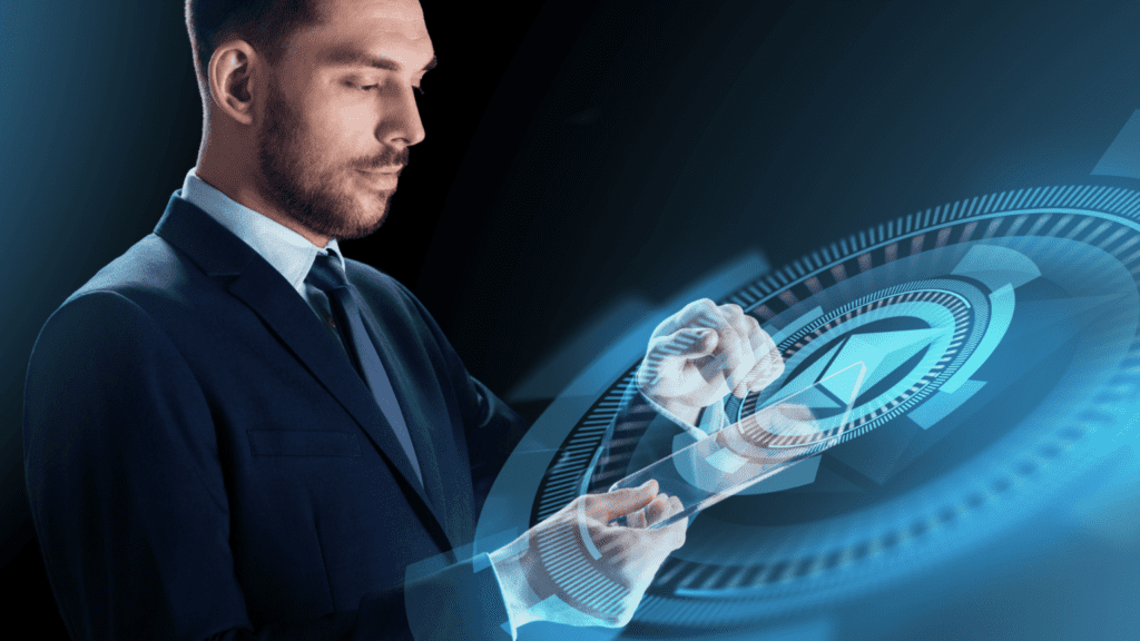 Executivo usando interface holográfica futurista, simbolizando a Chamada de Propostas EUREKA Globalstars para projetos internacionais de inovação.