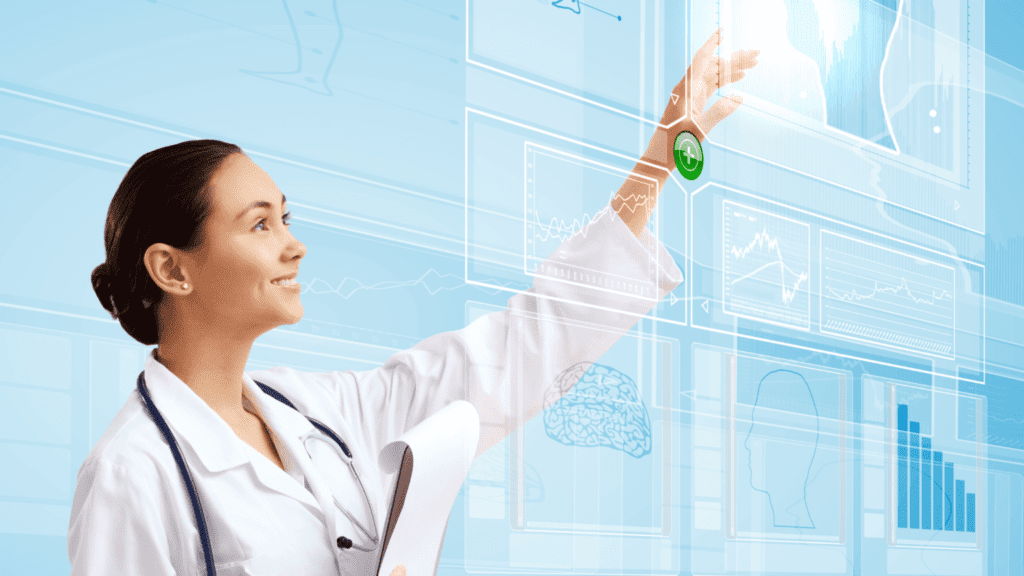 Médica em jaleco interagindo com painel digital de saúde, simbolizando investimento da EMBRAPII de R$ 15 milhões em P&D de dispositivos médicos.