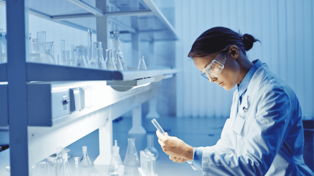 Pesquisadora em laboratório analisando amostra, simbolizando a recomposição dos recursos do FNDCT para ciência e tecnologia.