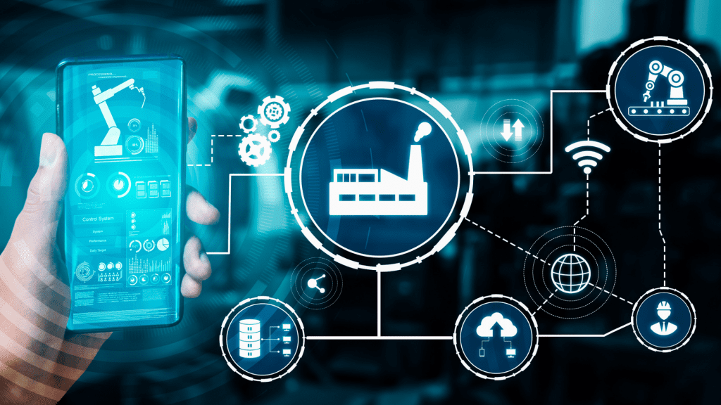 Nova política industrial: Indústria 4.0 com automação, IoT e análise de dados — painel conectando fábrica, robôs e rede.