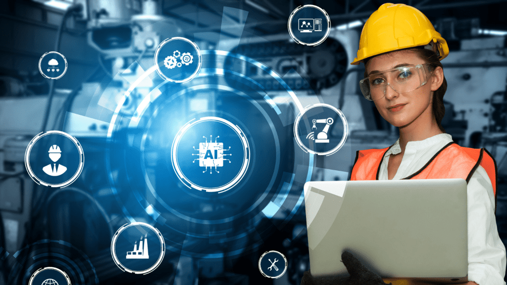 Parceria EMBRAPII–ABIMAQ para impulsionar inovação industrial — engenheira com laptop, ícones de IA, robótica e nuvem em fábrica.