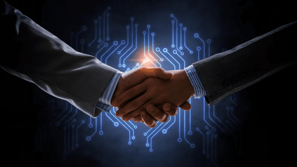 Aperto de mãos entre executivos sobre fundo de circuitos, simbolizando parcerias de pesquisa e cooperação internacional do edital SPRINT da FAPESP 2023.