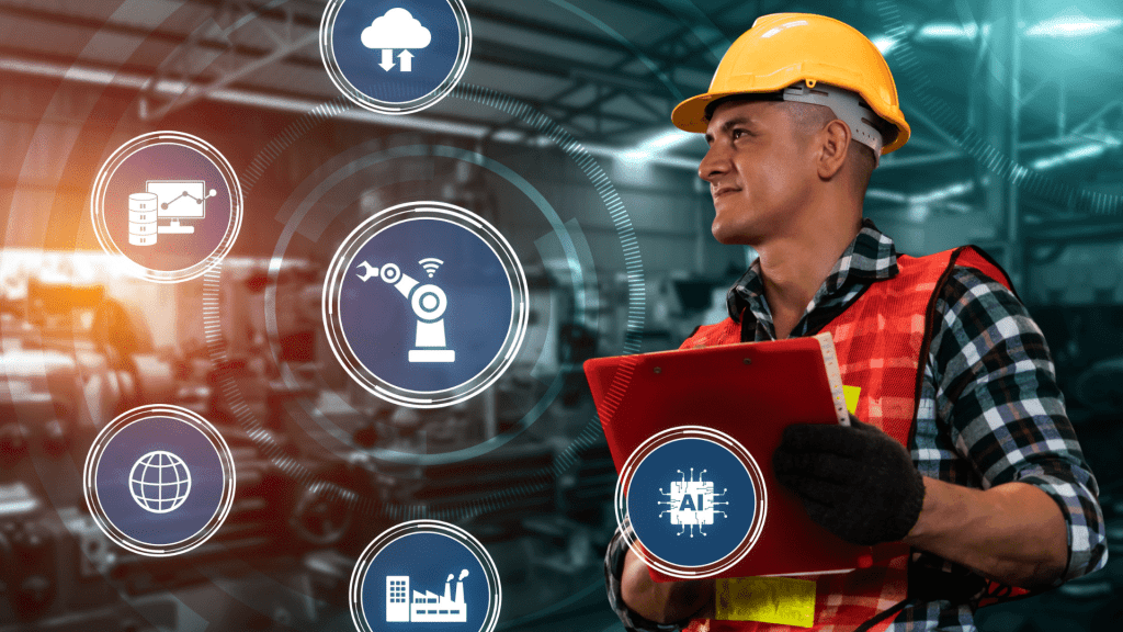 Trabalhador com capacete em fábrica conectada; ícones de nuvem, robô e IA simbolizam Indústria 4.0, IoT, automação e análise de dados.