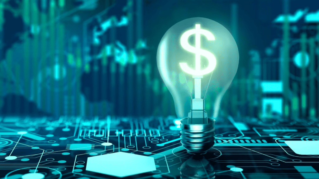 Lâmpada com símbolo de cifrão sobre placa eletrônica, representando financiamento do FNDCT para P&D e inovação na indústria brasileira