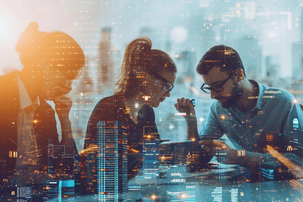Equipe analisando dados com vista urbana ao fundo — investimentos em pesquisa colocam São Paulo na liderança da inovação na América Latina.