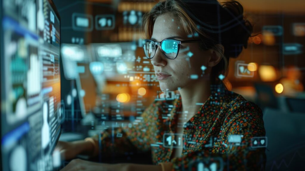 Profissional analisa telas com dados e ícones digitais — plano nacional de IA no Brasil, inovação tecnológica e estratégia governamental