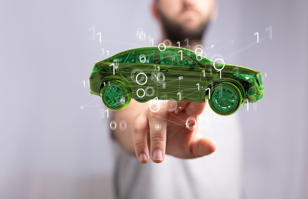 Holograma de carro verde com códigos binários — Programa Mover destina R$ 267 milhões à inovação e descarbonização da indústria automotiva