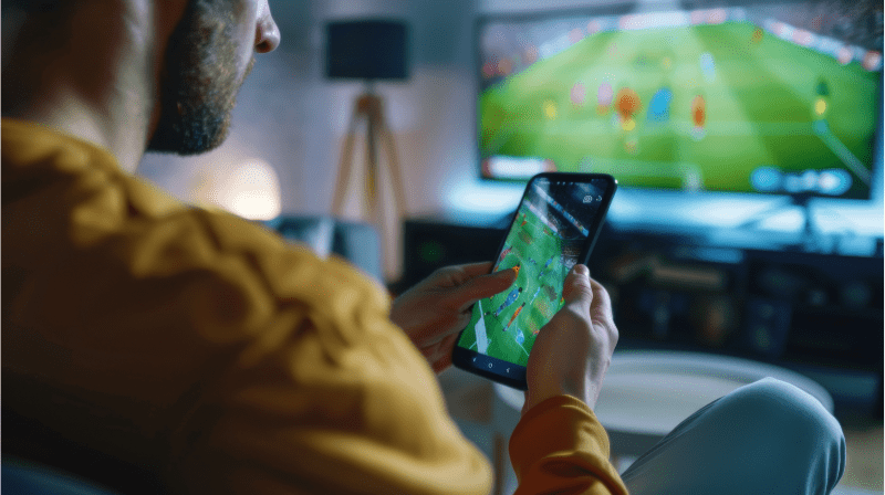 Pessoa aposta em jogo de futebol pelo celular com partida na TV ao fundo — apostas esportivas (bets) versus investimento em inovação no Brasil