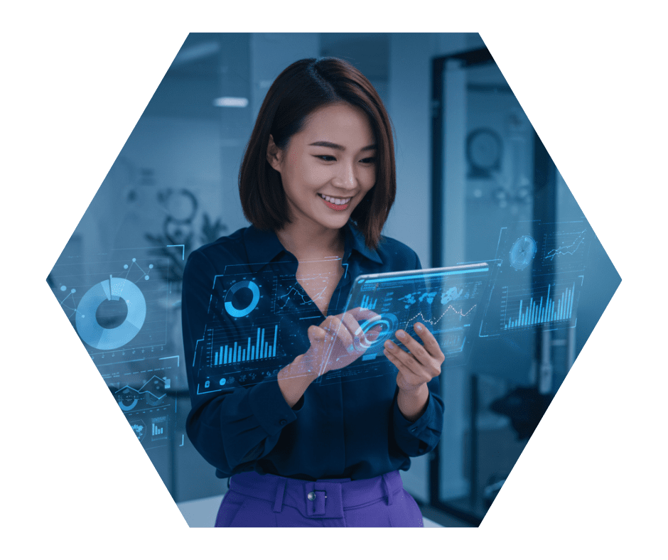 Executiva analisa painel de dados digitais — requisito: estar no Regime de Lucro Real.