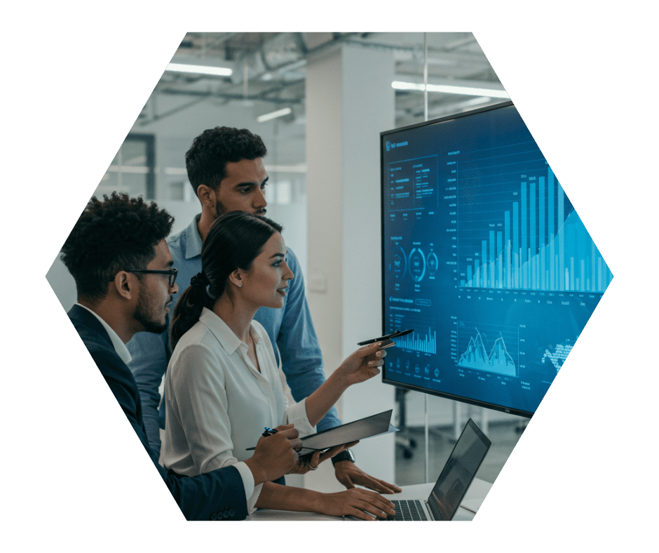 Equipe avalia painel com gráficos para comprovar lucro fiscal no ano-base.