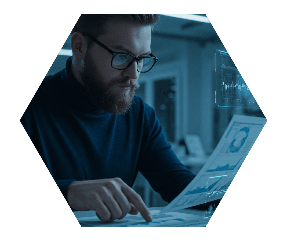 Analista confere documentos e gráficos para regularidade fiscal (emissão de CND ou CPD-EN).