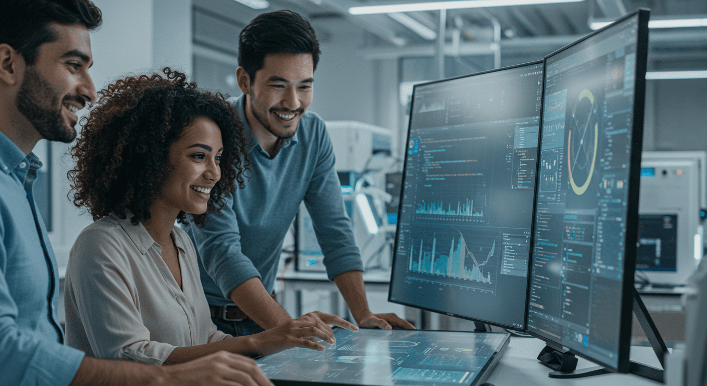 Equipe analisa monitores com gráficos durante explicação sobre a Lei do Bem.