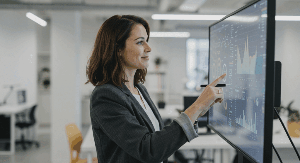 Gestora analisa indicadores em painel digital, estruturando a governança da inovação na empresa