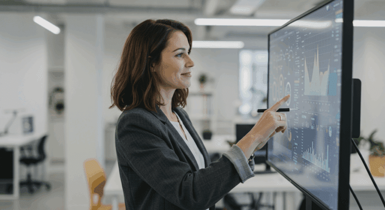 Gestora analisa indicadores em painel digital, estruturando a governança da inovação na empresa