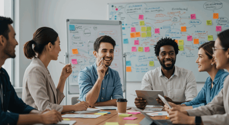 Equipe de profissionais em reunião de inovação, colaborando em frente a um quadro cheio de anotações e post-its coloridos.