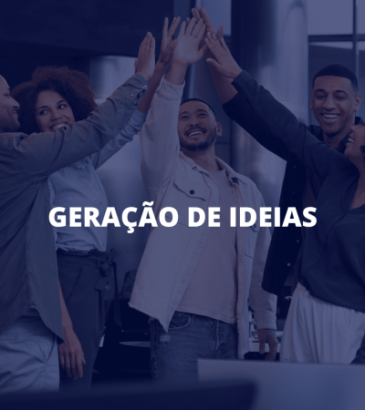 Equipe diversa dando high-five no escritório; sobreposto, o texto “Geração de Ideias”