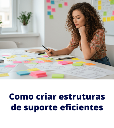 Profissional planeja processos com post-its e wireframes para criar estruturas de suporte