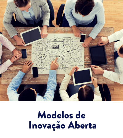 Vista aérea de equipe diversa colaborando ao redor de uma mesa, apontando para um mapa de ideias com doodles, usando tablets e celulares — modelos de inovação aberta.